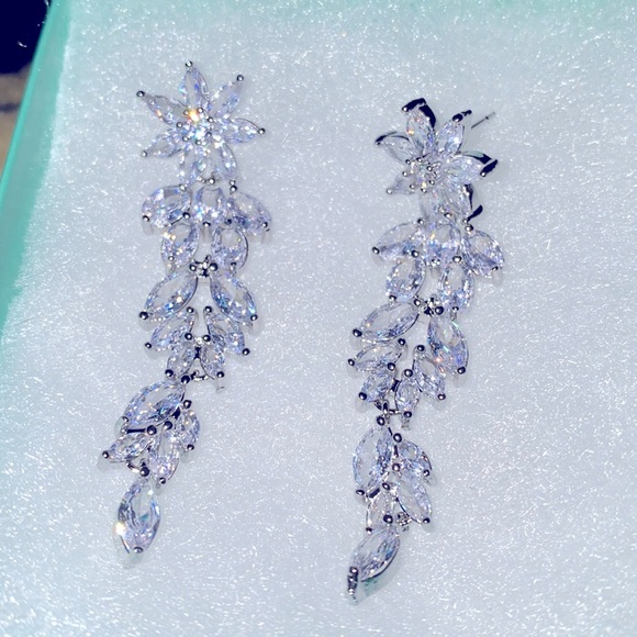 Bridal Flower Sterling Silver Cubic Zirconia Drop Earrings - Picture 4 of 6